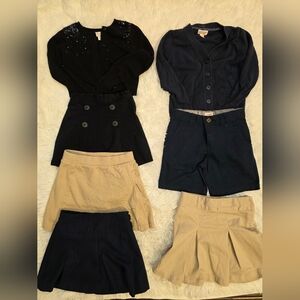 Girl School Uniforms Skirts Cardigans Shorts in Black Tan And Blue Size 4 - 5